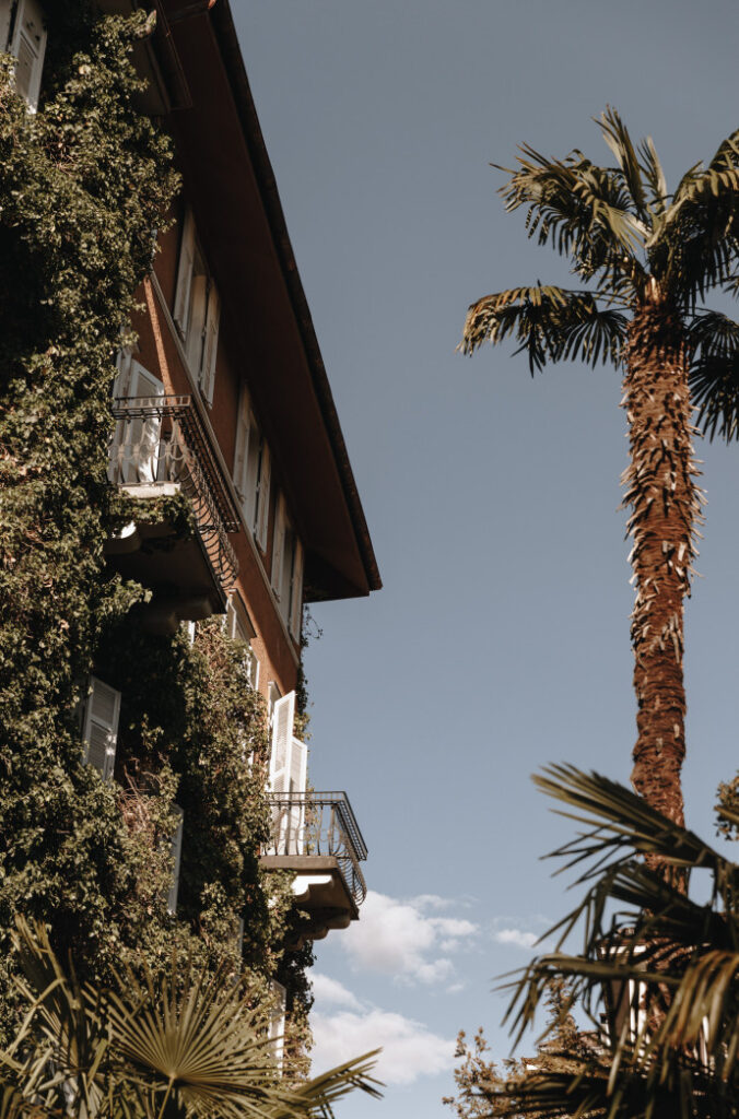 Eine hohe Palme neben einem mit Efeu bewachsenen Gebäude mit Balkonen vor einem strahlend blauen Himmel – das erinnert an die bezaubernden Hochzeitslocations in Südtirol.